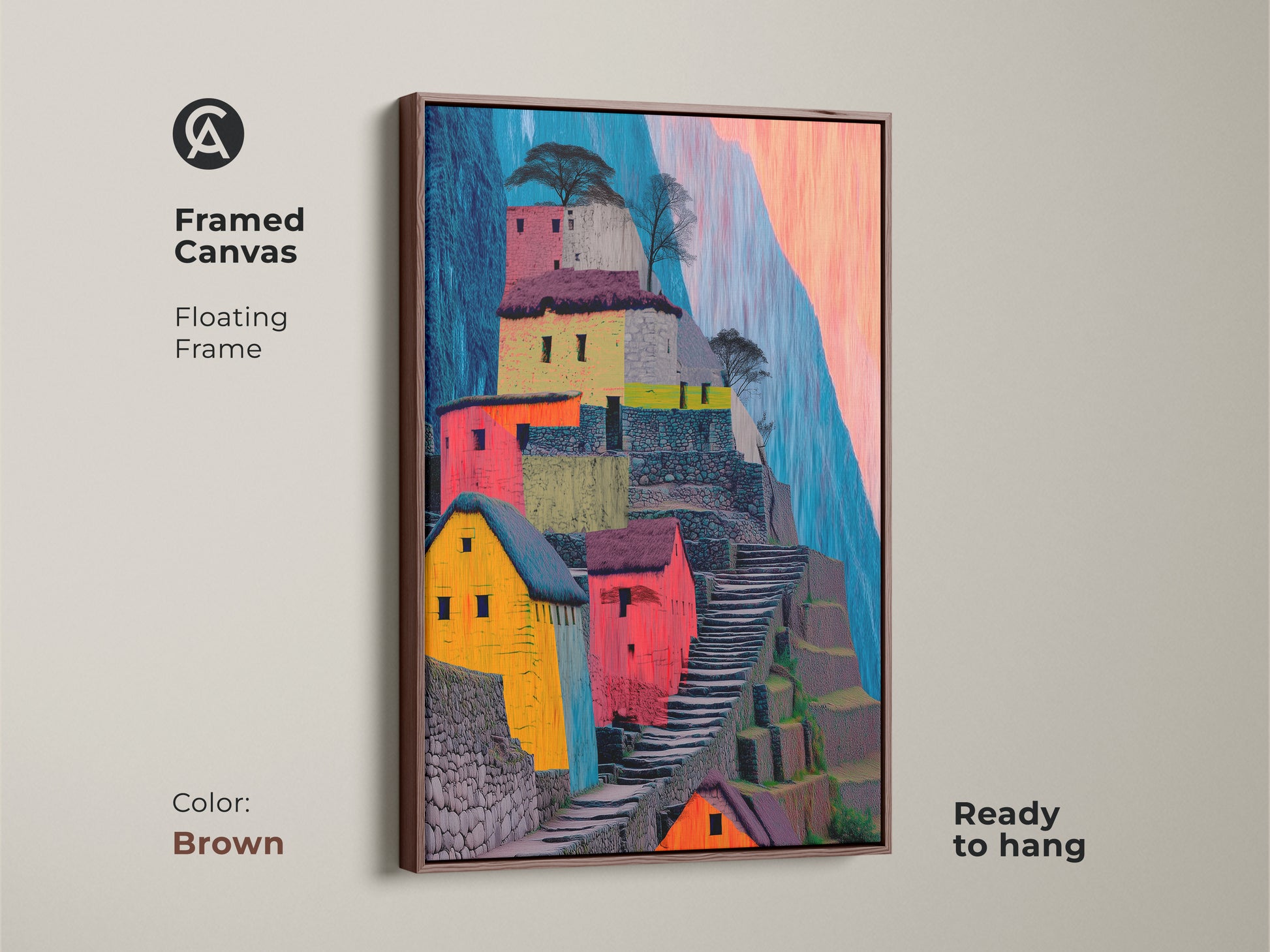 Abstract Machu Picchu wall art in a warm brown floating frame. This canvas print features terraced hillsides in vibrant yellow red and teal tones. Ready to hang it adds a boho touch to your living space. A great travel inspired artwork piece.