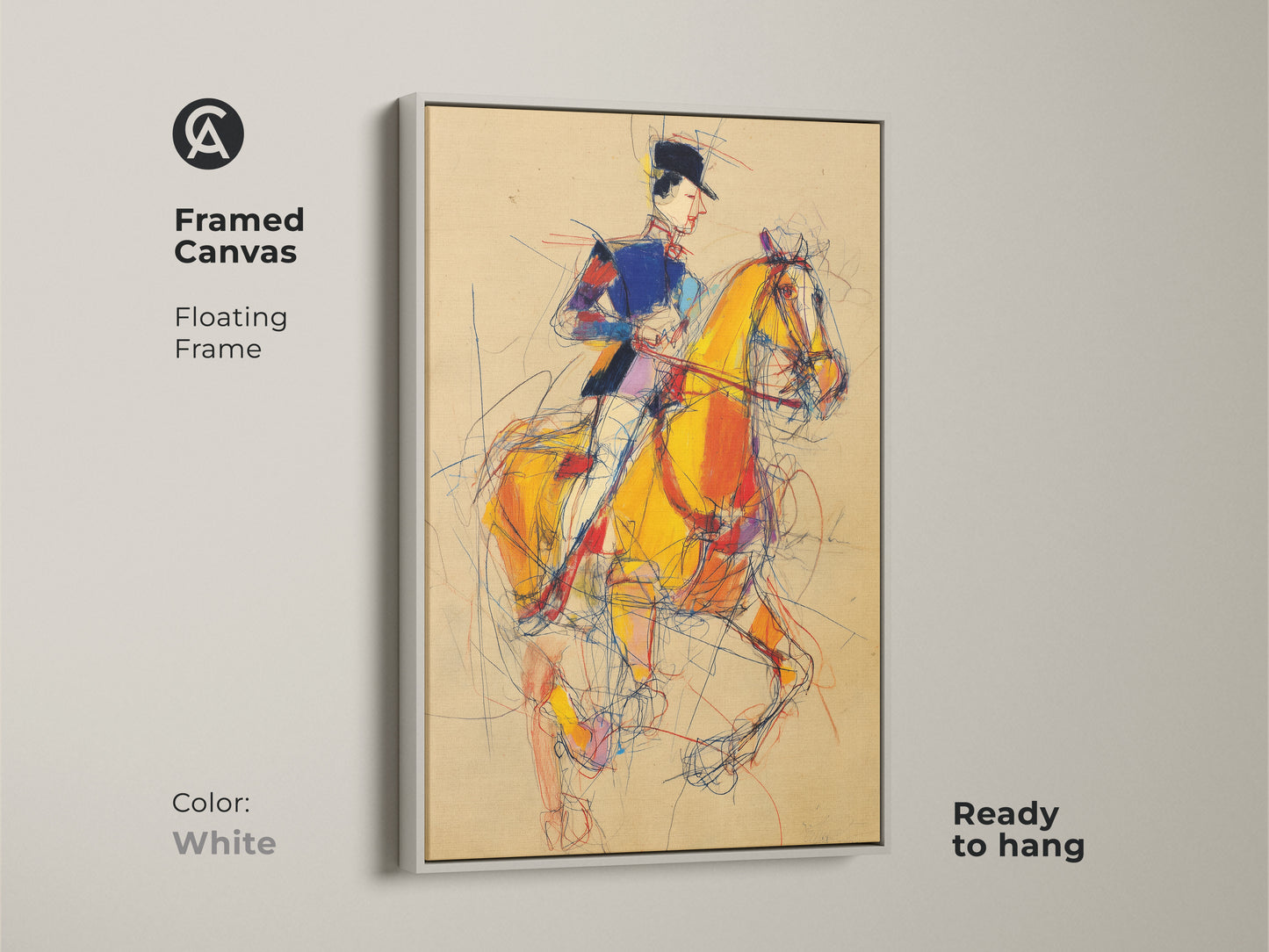 Framed Canvas with a white floating frame highlighting a horse rider. Expressionist wall decor features a horse and rider in yellow blue and red. Ready to hang artwork that complements any interior. Perfect for horse lovers.