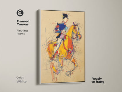 Framed Canvas with a white floating frame highlighting a horse rider. Expressionist wall decor features a horse and rider in yellow blue and red. Ready to hang artwork that complements any interior. Perfect for horse lovers.