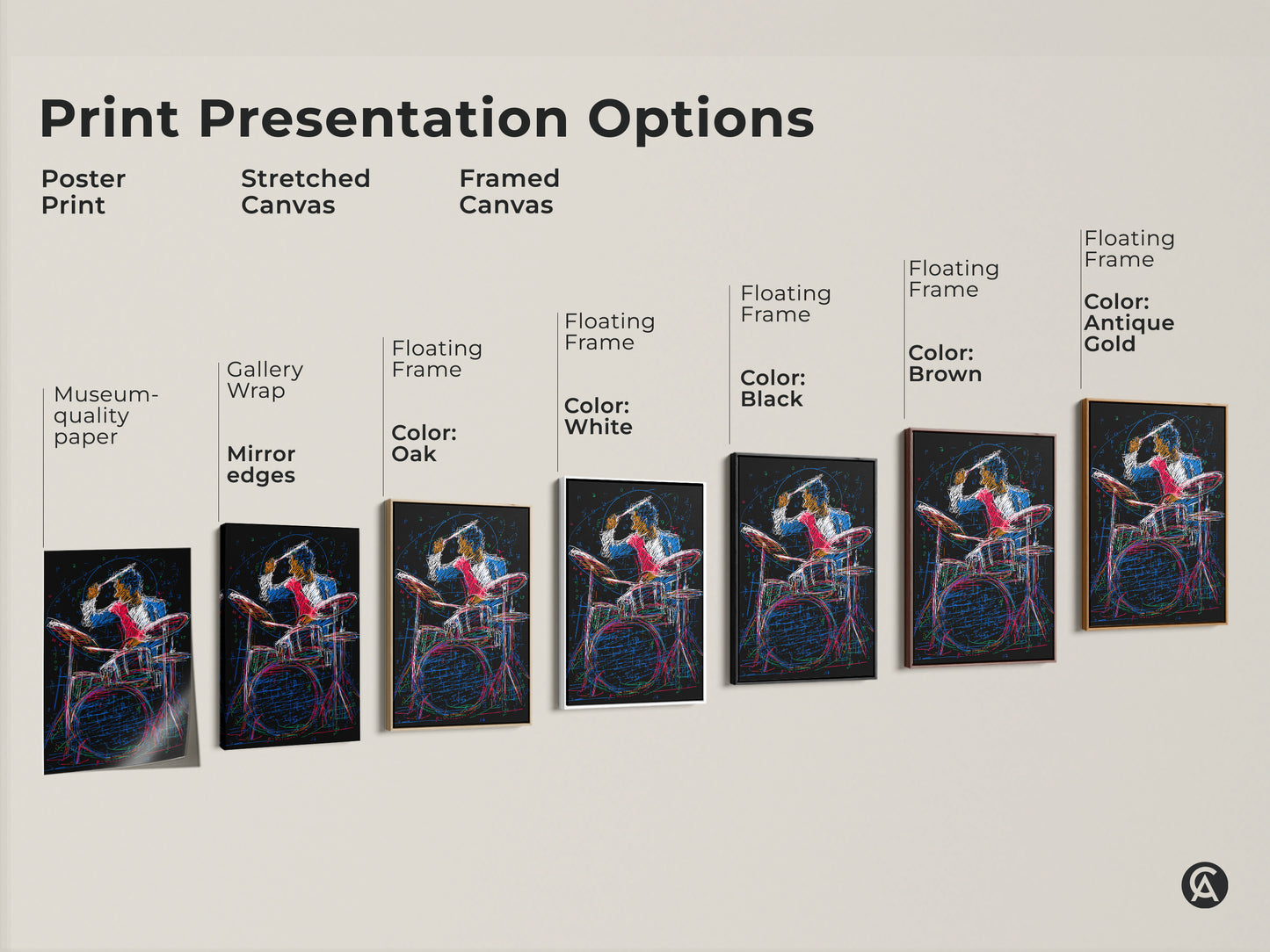 Print presentation options for abstract drummer artwork. It shows poster prints stretched canvas and framed canvas. Each option highlights the red blue and black color scheme. It's ideal for musician gift.