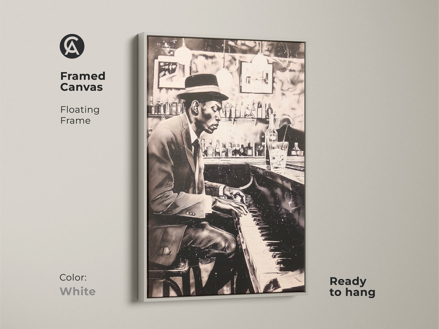 This framed canvas print features a floating frame in white showcasing a man playing piano at a bar. Ready to hang this artwork adds musical elegance to any room. The white frame enhances the monochrome art. Elevate your home decor with this stylish piano art print.