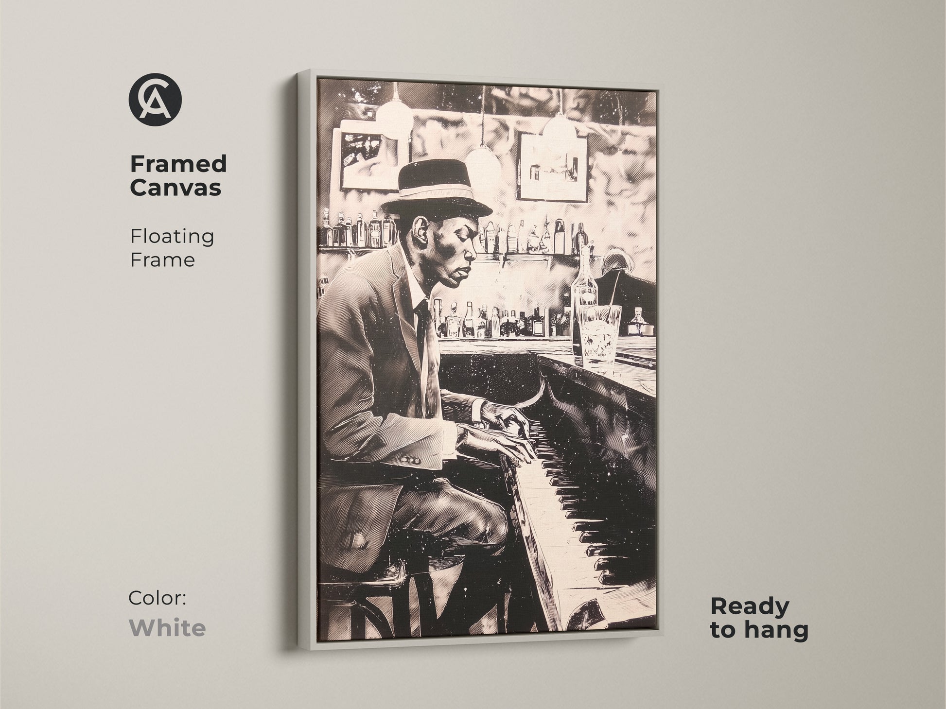This framed canvas print features a floating frame in white showcasing a man playing piano at a bar. Ready to hang this artwork adds musical elegance to any room. The white frame enhances the monochrome art. Elevate your home decor with this stylish piano art print.