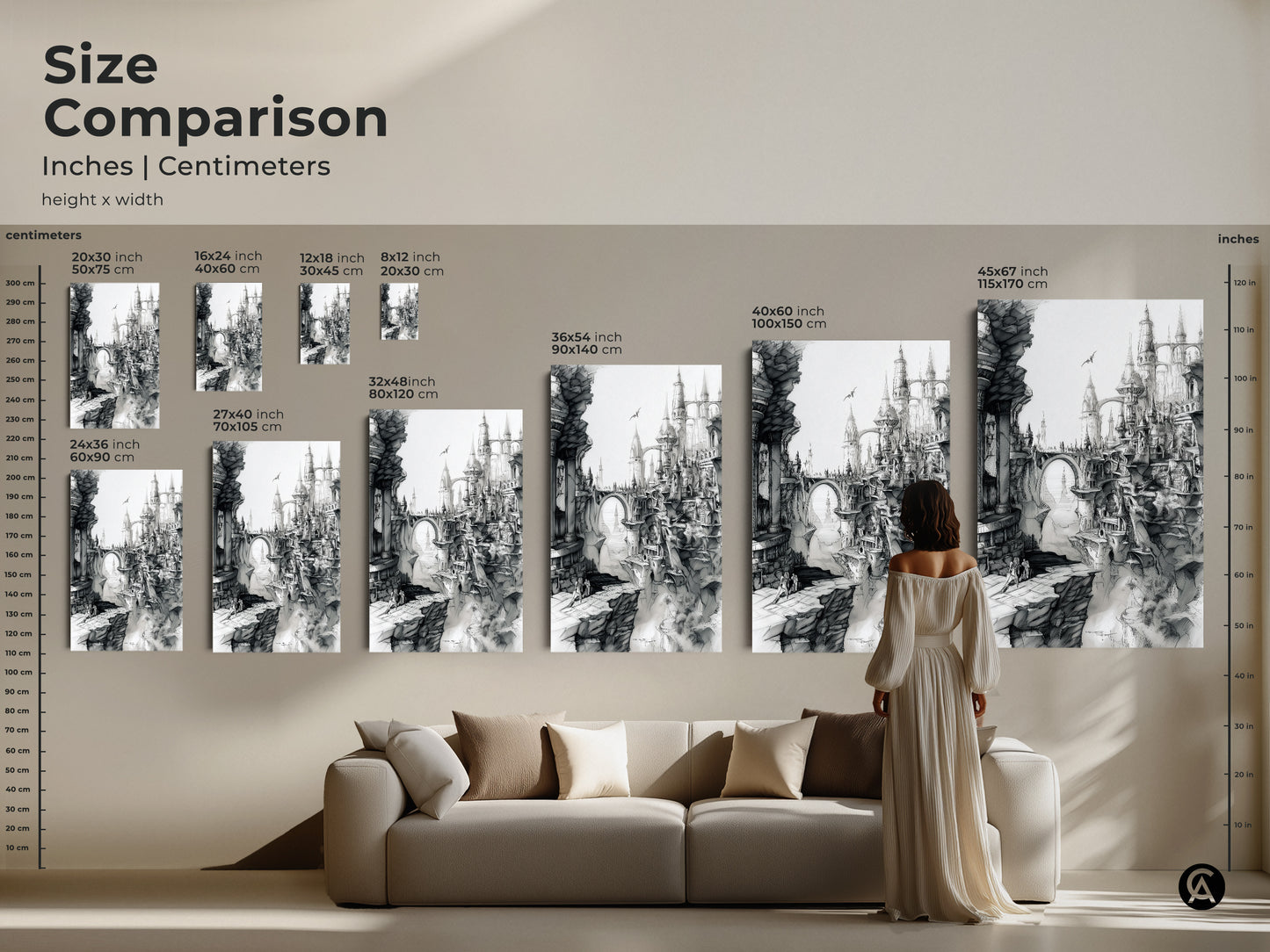 Size comparison of fantasy city artwork. See the art in various sizes. Inches and centimeters are shown. Visualize the perfect fit for your space. Featuring canvas and poster options.
