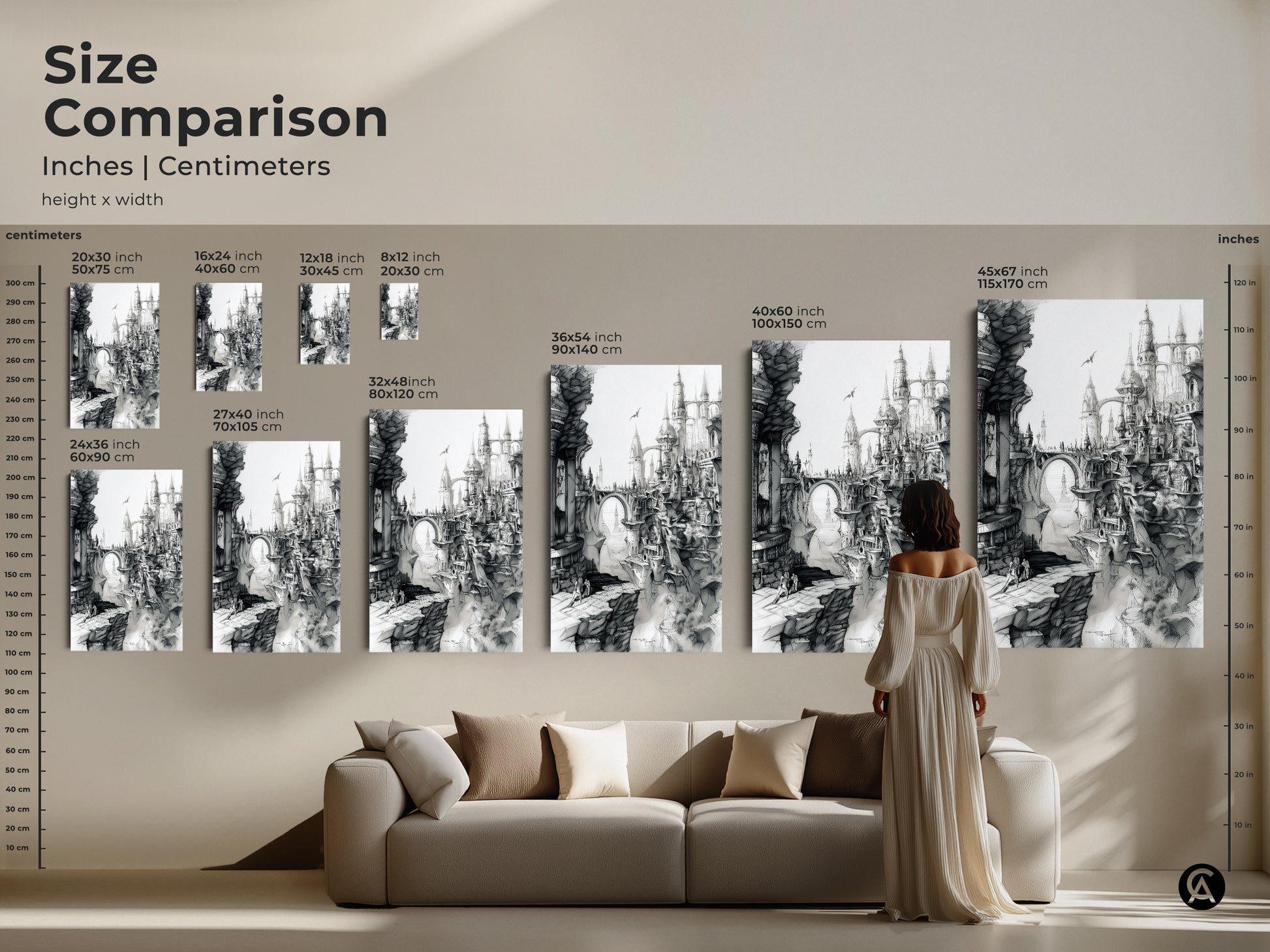 Size comparison of fantasy city artwork. See the art in various sizes. Inches and centimeters are shown. Visualize the perfect fit for your space. Featuring canvas and poster options.