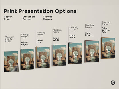 Print presentation options showcasing ocean portal artwork. Poster prints. Stretched and framed canvas options. Showcasing museum quality paper and floating frames in various colors.