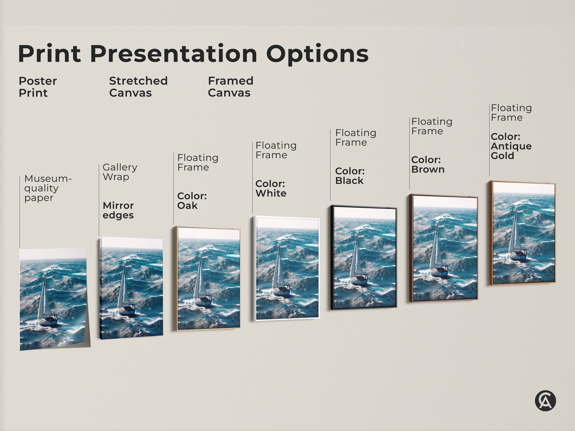 Explore various print presentation options for our nautical sailboat on ocean waves artwork. Choose from poster prints stretched canvas and framed canvas. Frame colors include black brown white oak and antique gold. Find the perfect deep blue sea art for your coastal decor.