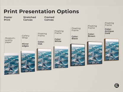 Explore various print presentation options for our nautical sailboat on ocean waves artwork. Choose from poster prints stretched canvas and framed canvas. Frame colors include black brown white oak and antique gold. Find the perfect deep blue sea art for your coastal decor.