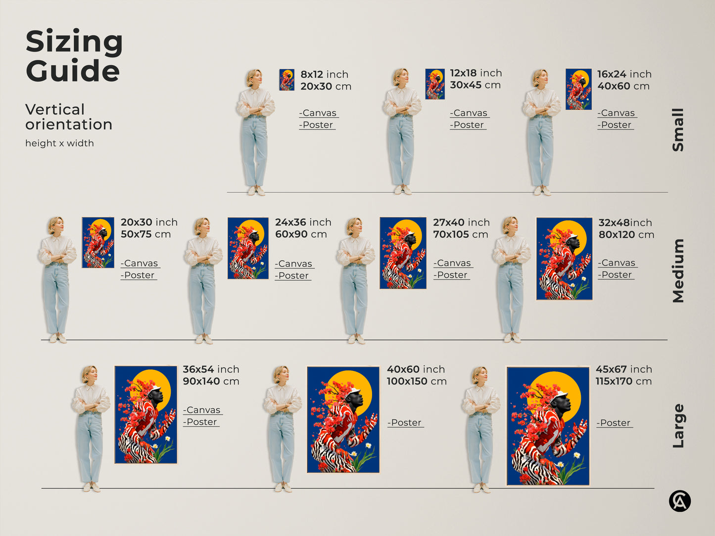 Sizing guide shows vertical orientations and heights x widths for canvas and poster art prints. Displayed is a man with cherry blossoms and a blue and yellow sun backdrop. Find sizes from small to large for this eclectic red orange blue artwork perfect for any room.