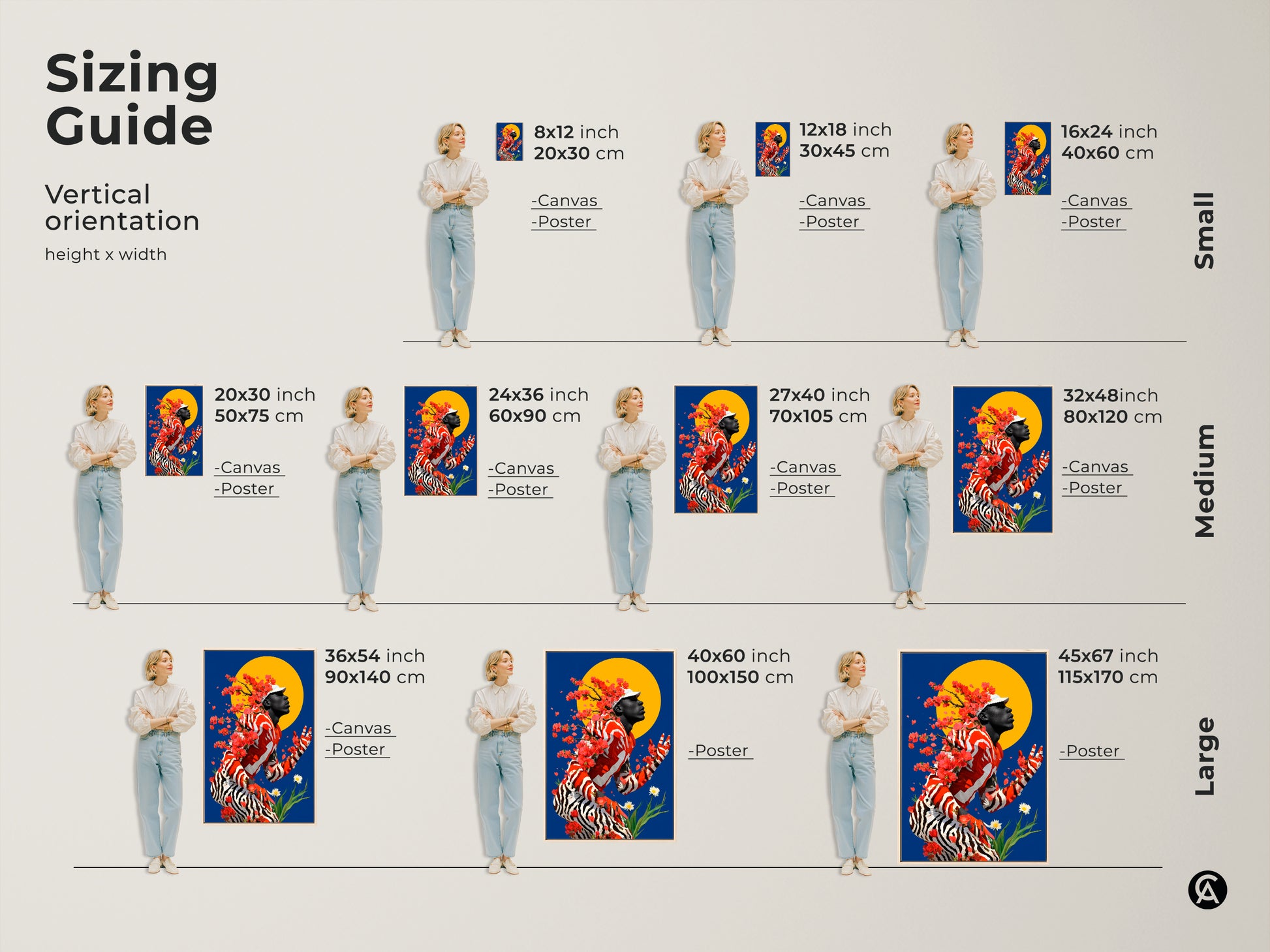 Sizing guide shows vertical orientations and heights x widths for canvas and poster art prints. Displayed is a man with cherry blossoms and a blue and yellow sun backdrop. Find sizes from small to large for this eclectic red orange blue artwork perfect for any room.