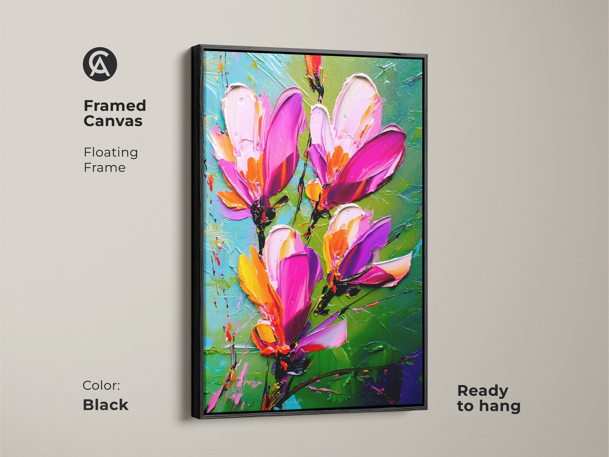 Framed canvas featuring textured floral artwork with a black floating frame. Pink magnolia wall art adds an elegant touch. Magenta abstract flower art ready to hang. Modern botanical canvas for bedroom decor or a thoughtful housewarming gift.