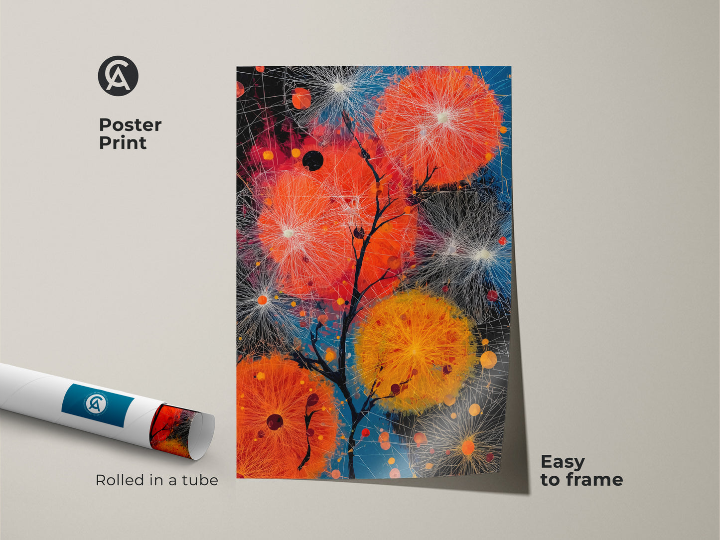 Rolled poster print of an abstract dandelion artwork. The vivid colors of orange and blue create a contemporary look. Easy to frame art for a modern living room or home office. This nature inspired wall art makes a thoughtful housewarming gift.
