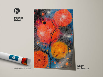 Rolled poster print of an abstract dandelion artwork. The vivid colors of orange and blue create a contemporary look. Easy to frame art for a modern living room or home office. This nature inspired wall art makes a thoughtful housewarming gift.