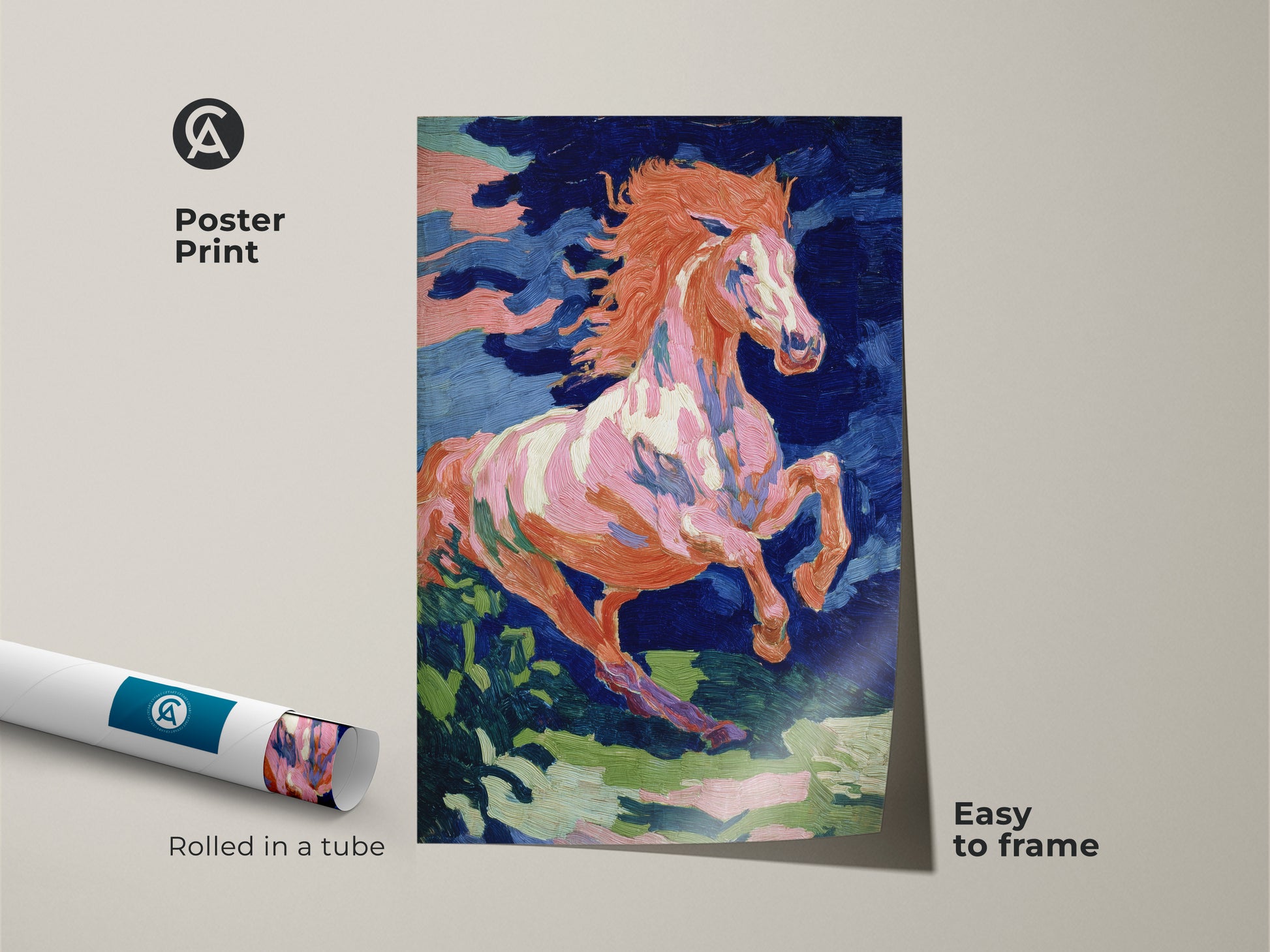 Poster print of an energetic horse in orange pink and blue. This animal art is easy to frame. Rolled in a tube ensures it arrives in perfect condition. Ideal wilderness horse artwork for adding a pop of color to your walls.