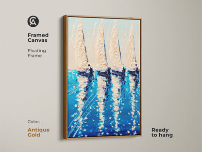 Antique gold framed canvas art featuring a sailboat. A captivating deep blue nautical artwork with an impressionistic style. The framed canvas is ready to hang. Adds a touch of maritime charm to any home. A perfect housewarming gift for sailors and art lovers.