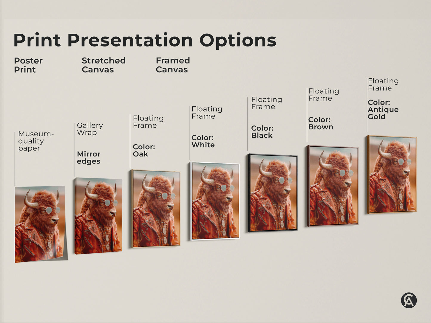 Print presentation options for a bison artwork. Displayed are poster prints stretched canvas and framed canvas options. Each shows the cool bison in a retro leather jacket and sunglasses. A unique animal portrait for any space.