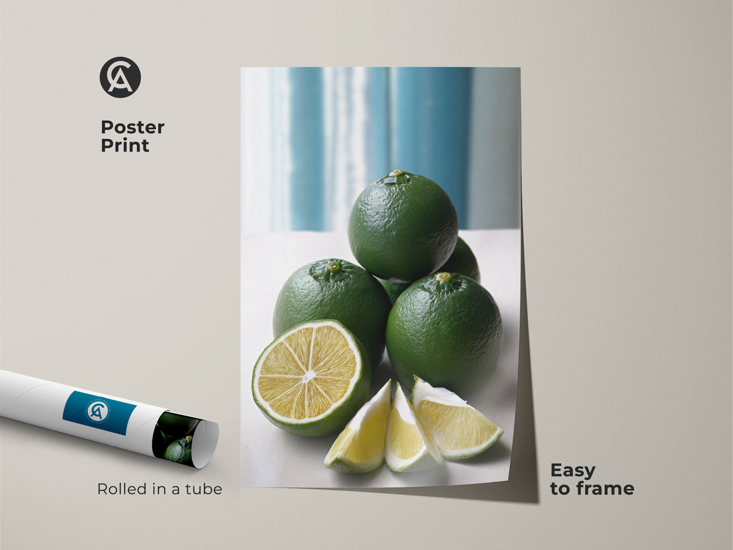 Poster print of a green lime still life rolled in a tube. This modern minimalist kitchen decor is easy to frame. Perfect for adding a botanical touch with this food & drink artwork. 