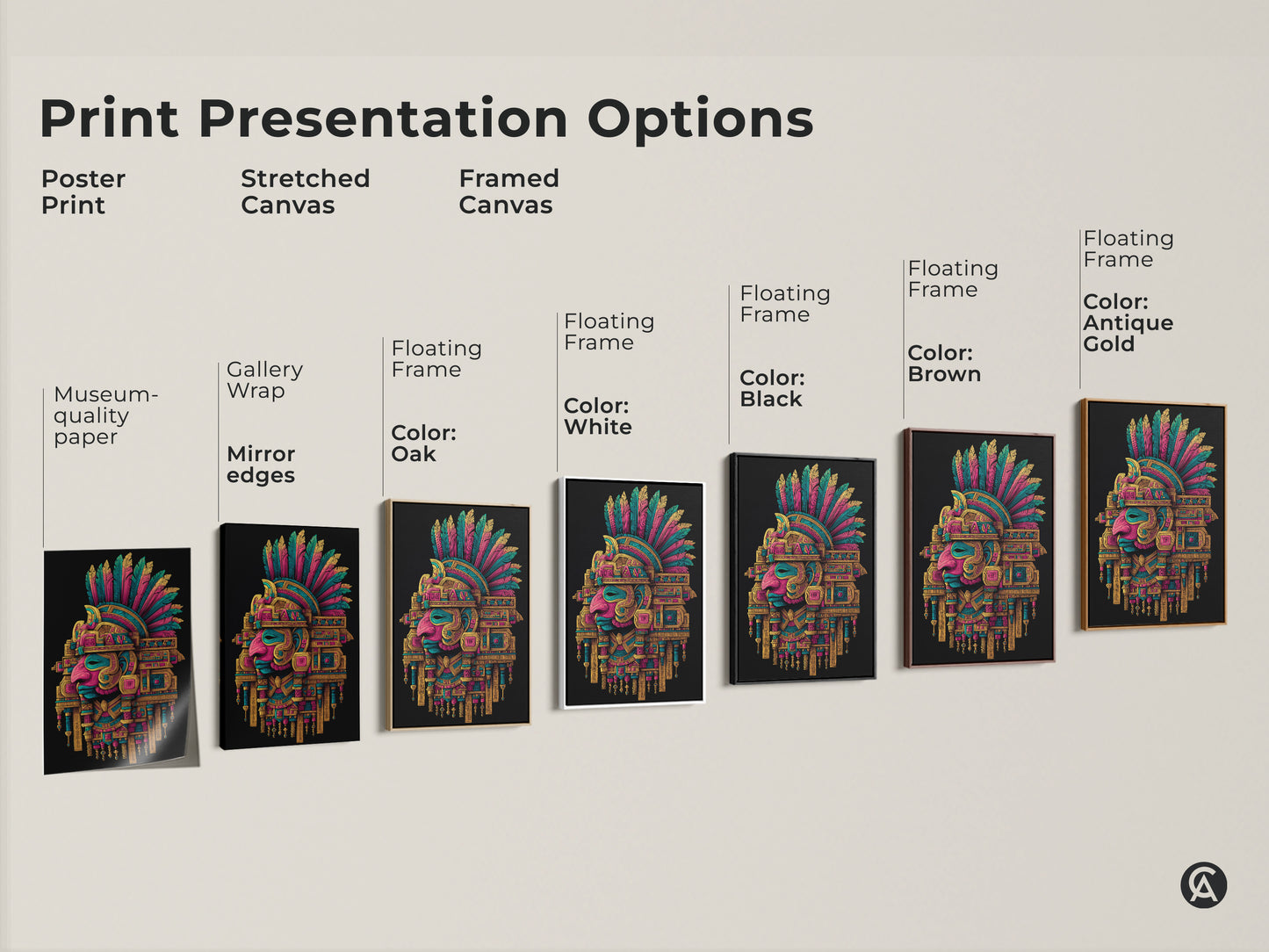 Explore print presentation options for the Aztec Headdress artwork. Choose from poster prints stretched canvas and framed canvas. Find the perfect style for your home decor today