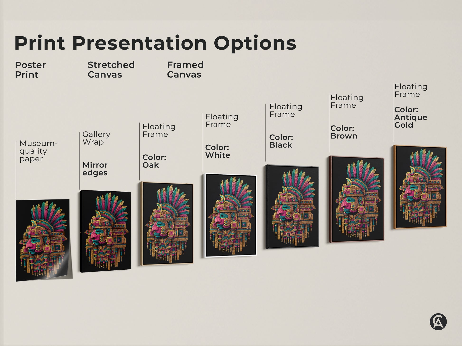Explore print presentation options for the Aztec Headdress artwork. Choose from poster prints stretched canvas and framed canvas. Find the perfect style for your home decor today