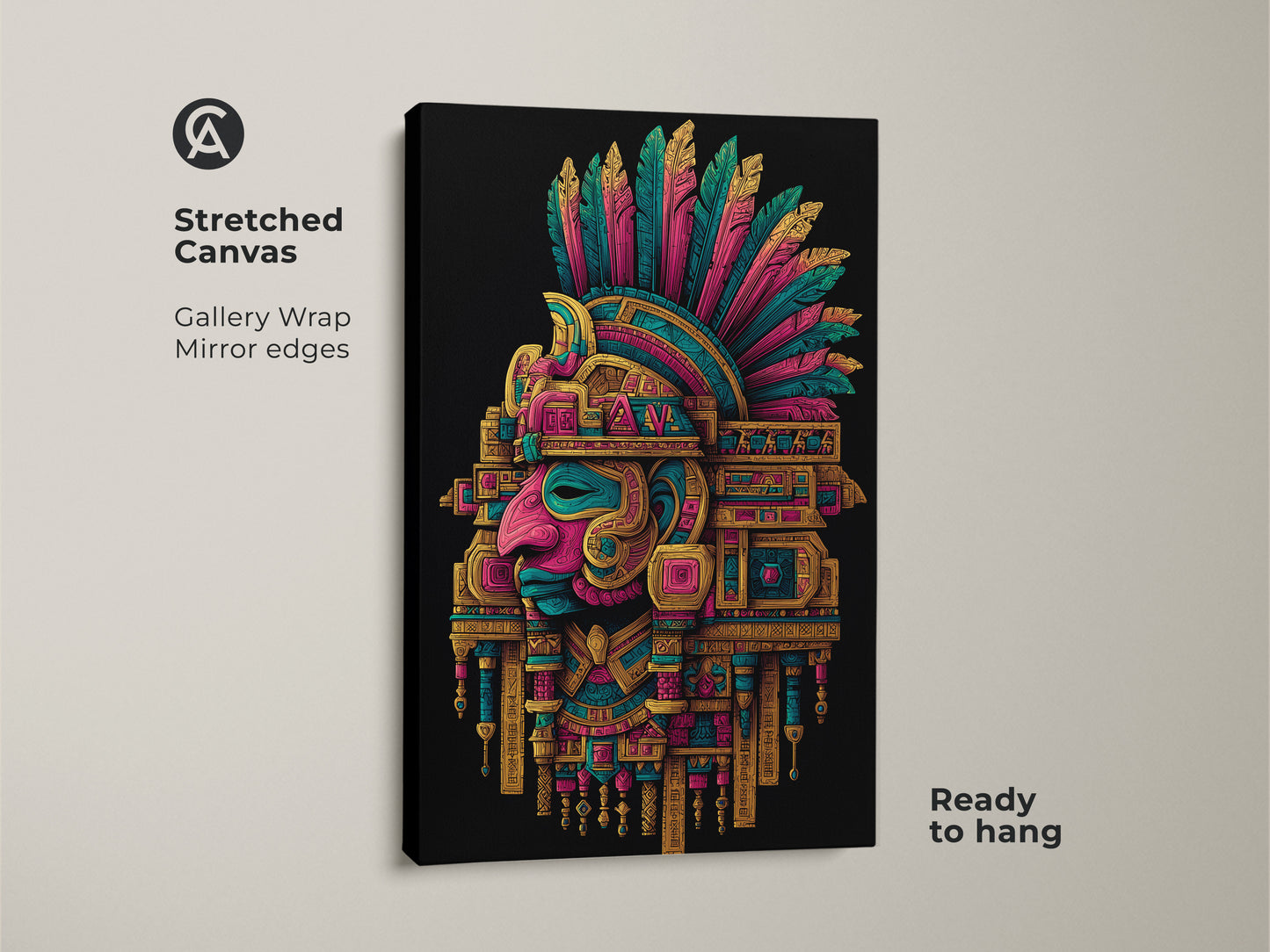 Stretched canvas print of an Aztec Headdress. This gallery wrapped canvas has mirrored edges. The colors are vibrant and eye-catching. It is ready to hang. Perfect for home or office