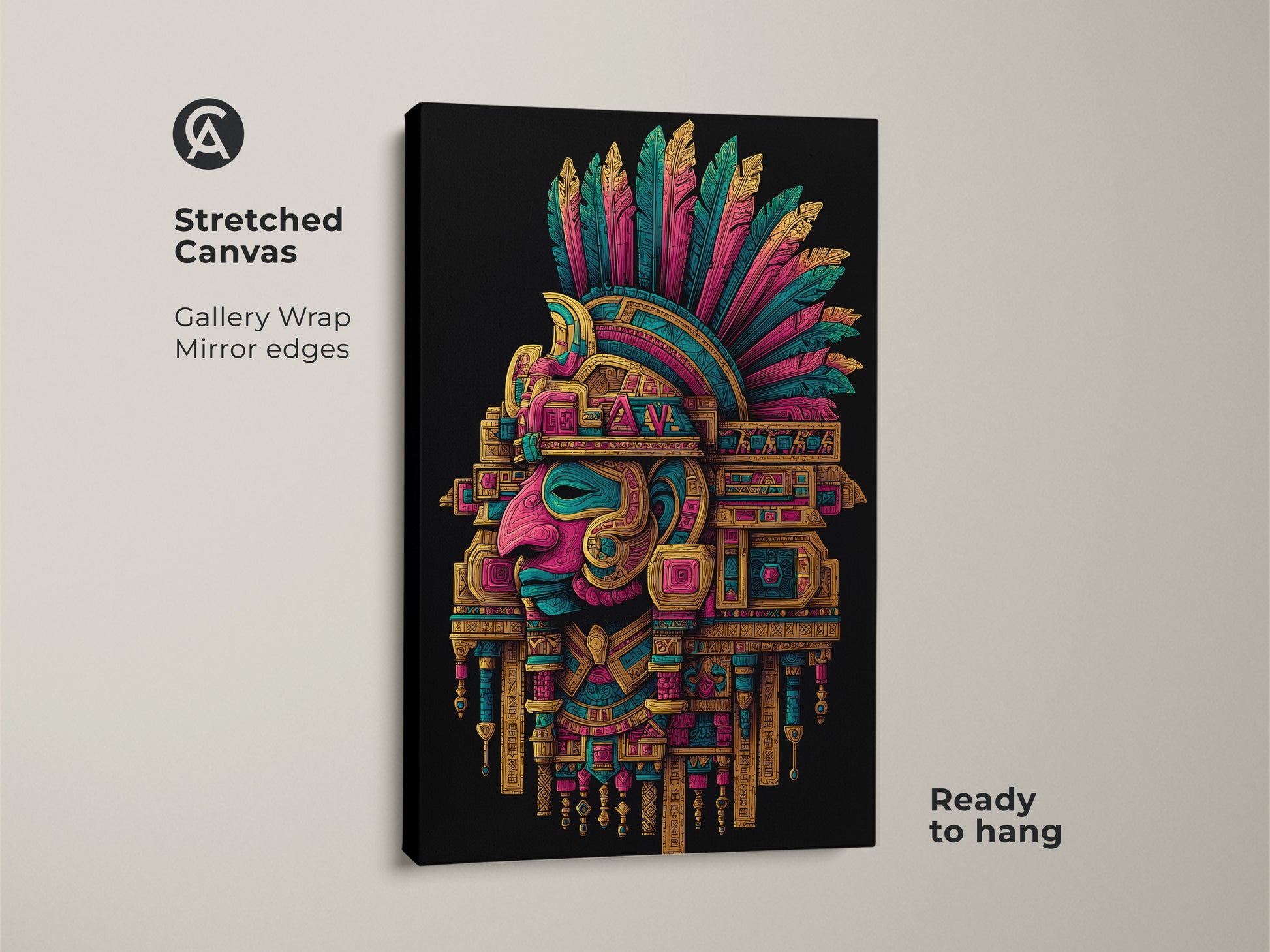 Stretched canvas print of an Aztec Headdress. This gallery wrapped canvas has mirrored edges. The colors are vibrant and eye-catching. It is ready to hang. Perfect for home or office