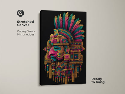 Stretched canvas print of an Aztec Headdress. This gallery wrapped canvas has mirrored edges. The colors are vibrant and eye-catching. It is ready to hang. Perfect for home or office