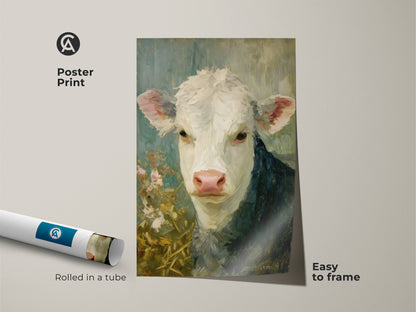 A poster print showcases a hereford calf art piece. Rolled in a tube for easy framing this museum-quality paper print captures the detail of the original artwork. An affordable way to add country charm to your decor.