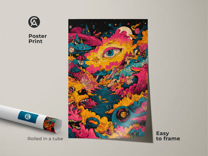 Poster print of psychedelic art rolled in a tube. It is easy to frame. The artwork features a vibrant and surreal scene. The colorful poster print is ideal for adding a creative touch to any room. Perfect for art enthusiasts seeking unique decor.