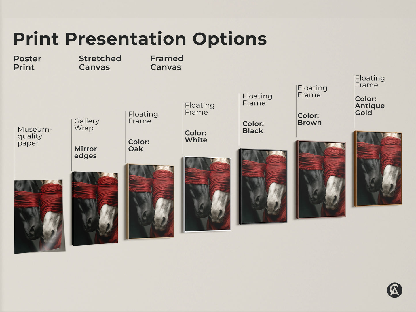 Explore print presentation options for surreal horse art. Choose from poster prints to stretched canvases and framed artwork. Select the perfect style to match your taste. Elevate your home with this unique wall decor.