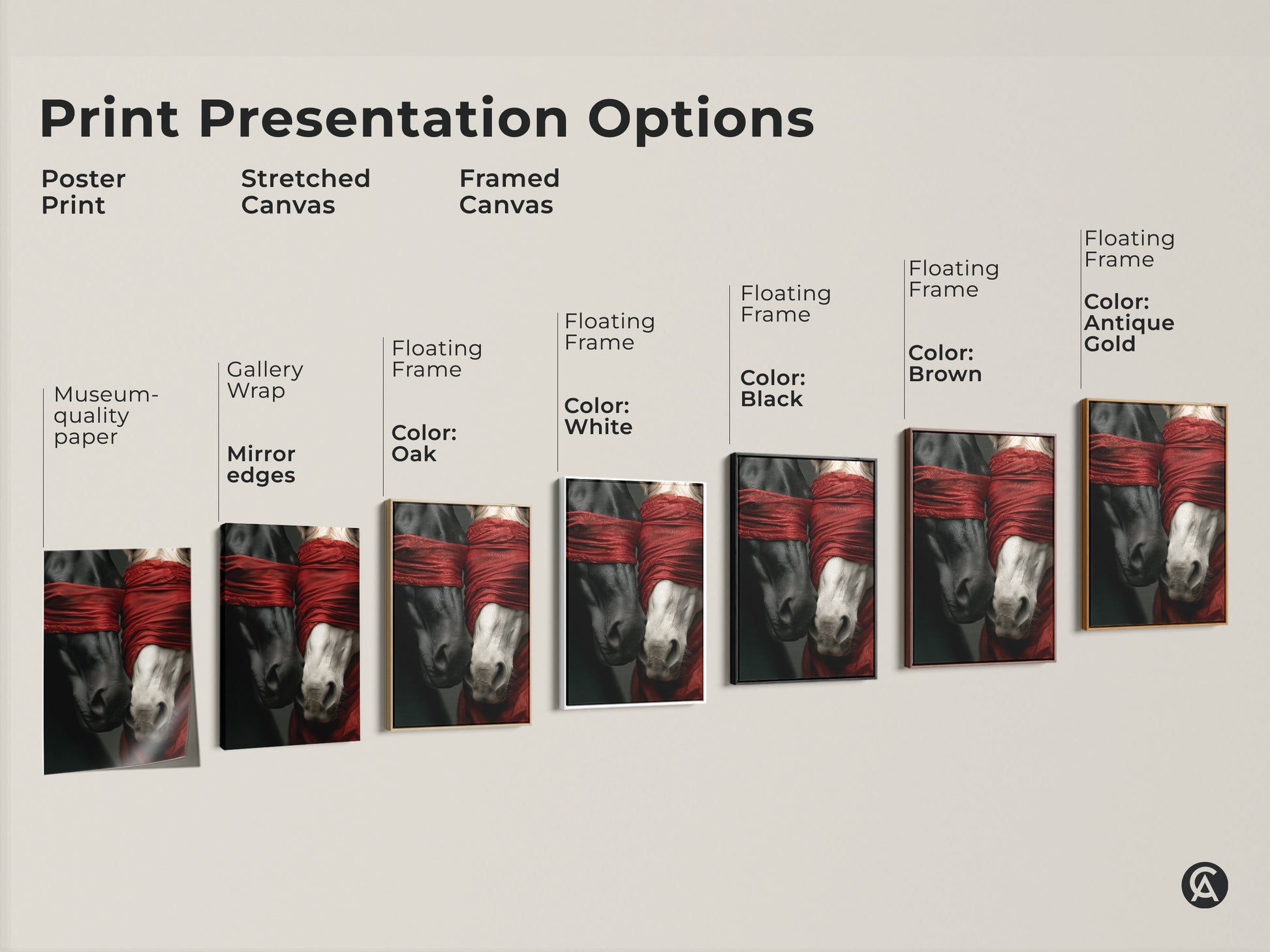 Explore print presentation options for surreal horse art. Choose from poster prints to stretched canvases and framed artwork. Select the perfect style to match your taste. Elevate your home with this unique wall decor.