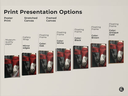 Explore print presentation options for surreal horse art. Choose from poster prints to stretched canvases and framed artwork. Select the perfect style to match your taste. Elevate your home with this unique wall decor.