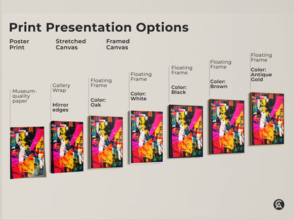 Explore print presentation options for abstract artwork. Choose from poster prints stretched canvas and framed canvas. Customize your art with floating frames and museum-quality paper.