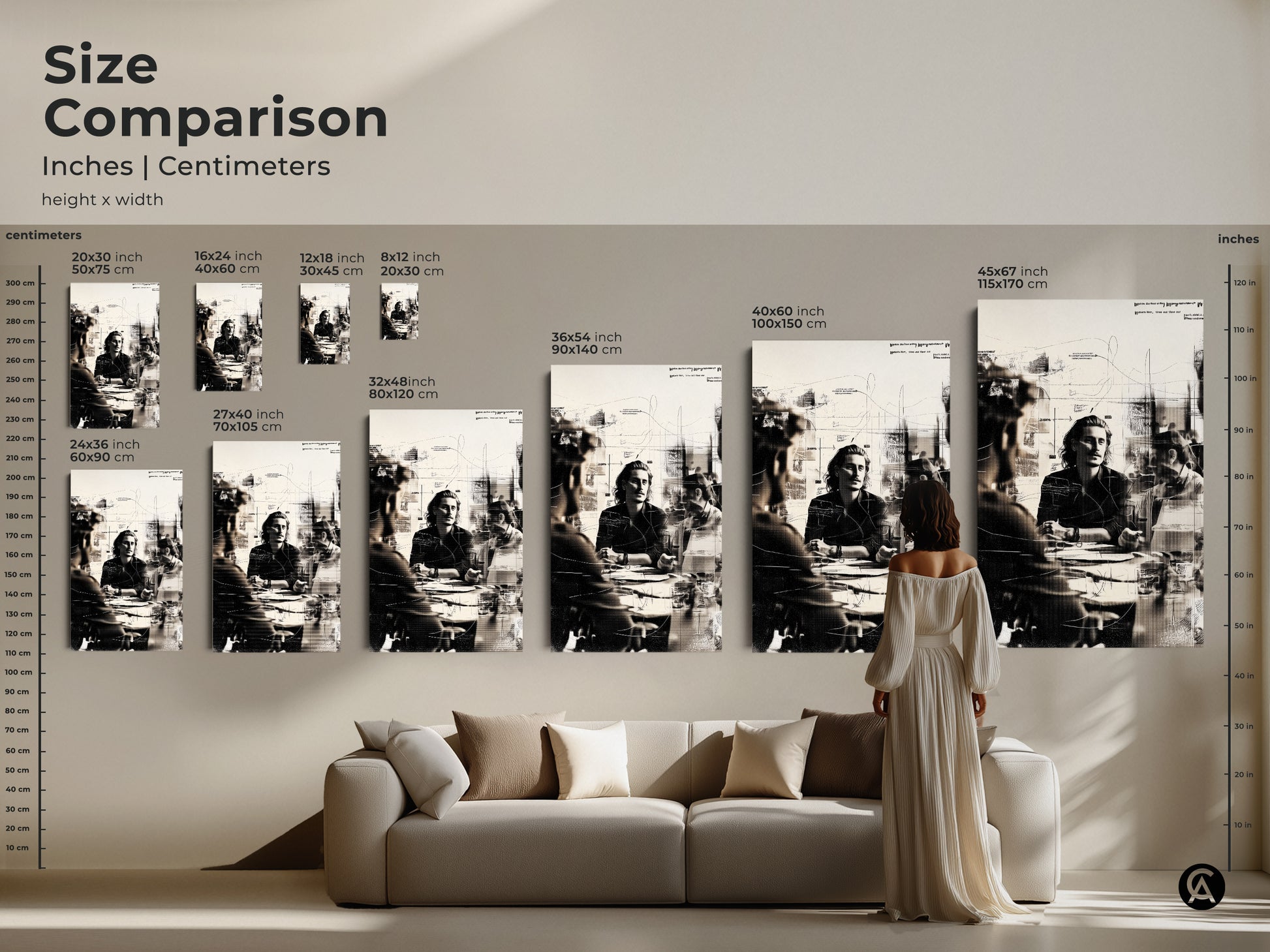Size comparison for the abstract monochrome people artwork. See how different canvas and poster print sizes look above a sofa. Perfect for visualizing the scale in your space. This business meeting sketch art makes a great addition to any modern workspace.
