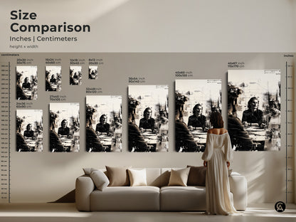 Size comparison for the abstract monochrome people artwork. See how different canvas and poster print sizes look above a sofa. Perfect for visualizing the scale in your space. This business meeting sketch art makes a great addition to any modern workspace.