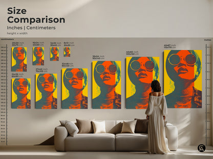 Size comparison of pop art woman artwork in inches and centimeters. Sizes range from 8x12 to 45x67 inches. Retro portrait canvas with abstract sunglasses art. Orange teal and yellow decor for eclectic wall art. This modern face art is a unique home decor piece. A statement wall decor.