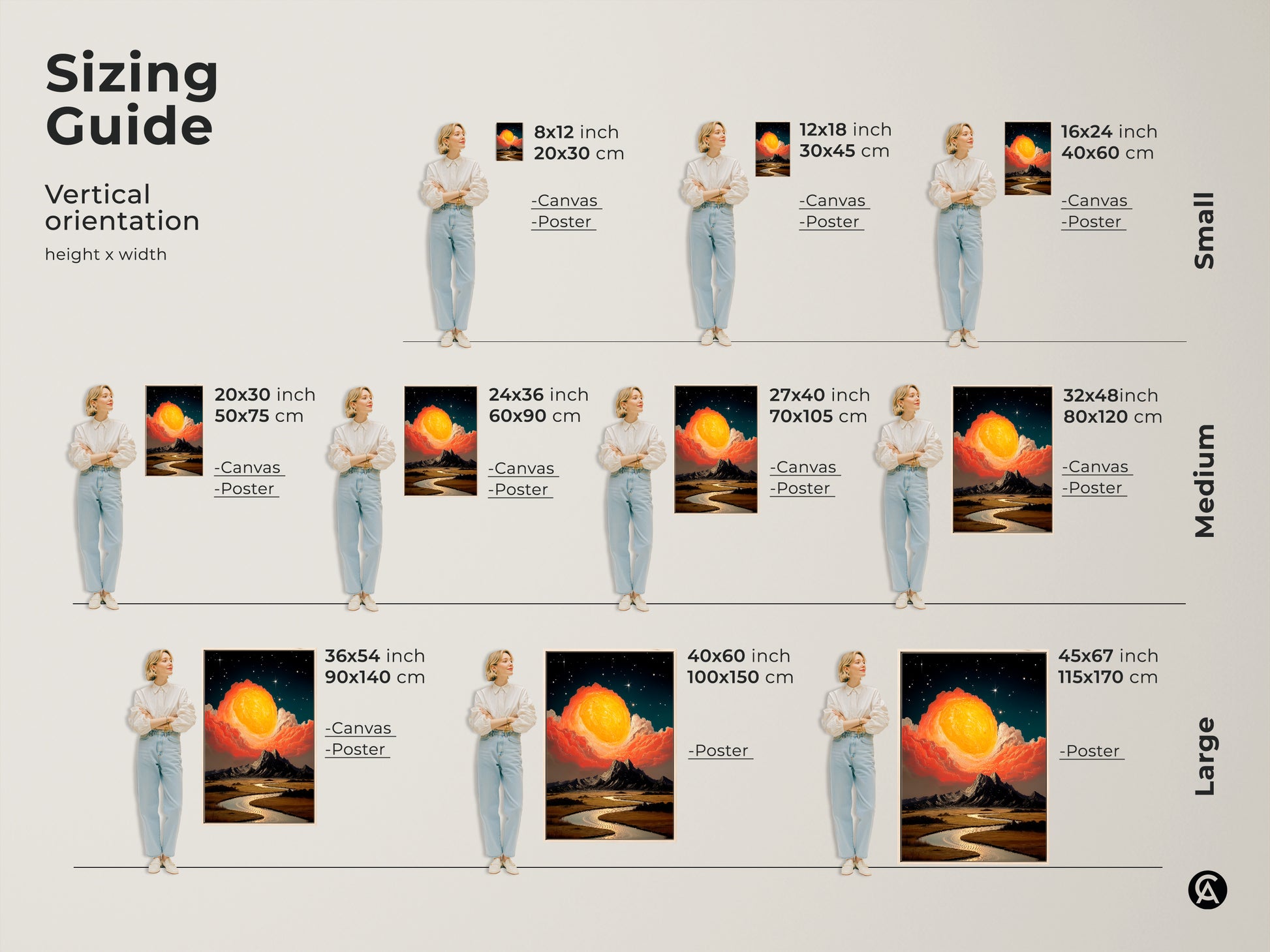 A sizing guide for vertical cosmic sun mountain river canvas and poster prints. Shows small medium and large sizes. Ranging from 8x12 inch to 45x67 inch. This eclectic yellow orange teal artwork is great for living room decor.