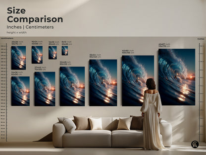 Compare sizes of surfer artwork with our size comparison guide. See how each piece fits above a sofa. Options range from small to large. Find the ideal size for your living room. Elevate your home with captivating wave art.