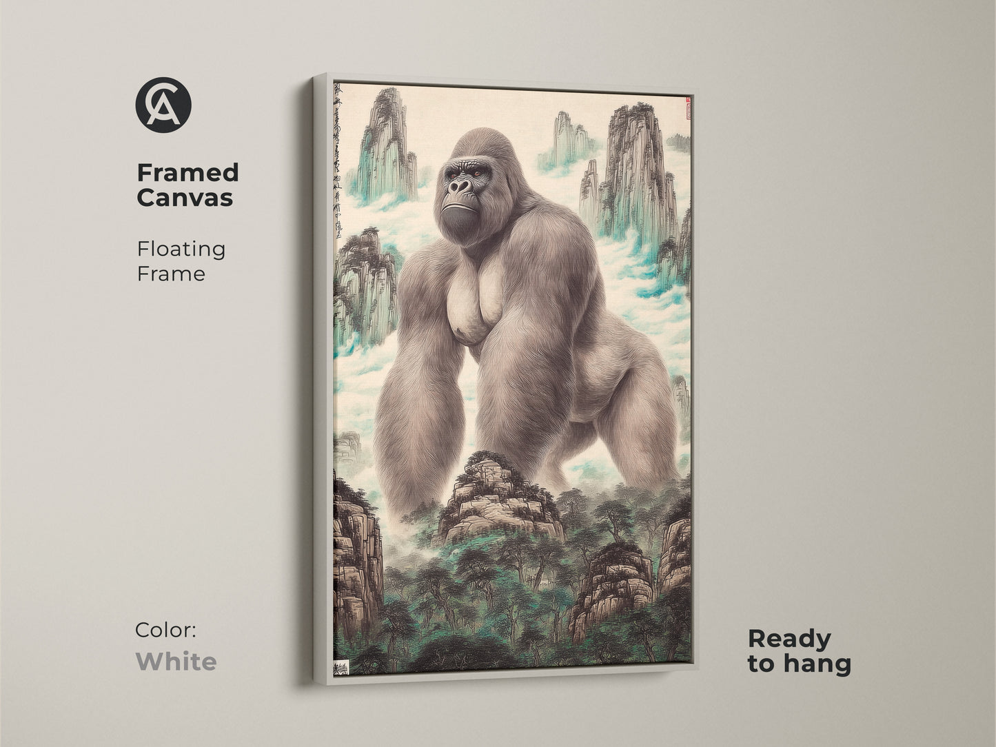 Framed canvas print of a gorilla in a Chinese mountain landscape. This animal art features a white floating frame and is ready to hang. Its traditional Asian art style complements eclectic decor schemes. Ideal as wildlife wall decor in study rooms and gallery walls. It is a fine art print gift for animal lovers and nature art collectors.