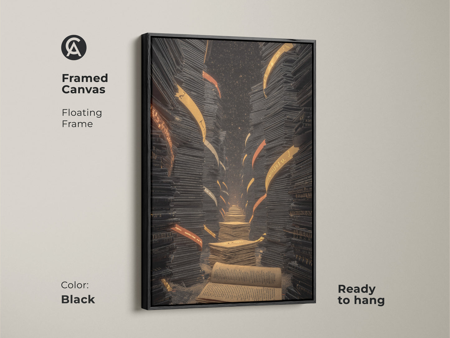 Framed canvas of a surreal library staircase artwork. The floating frame is black. It features books in an eclectic black gold orange style. Ready to hang for a study room or office decor.