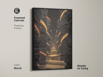 Framed canvas of a surreal library staircase artwork. The floating frame is black. It features books in an eclectic black gold orange style. Ready to hang for a study room or office decor.