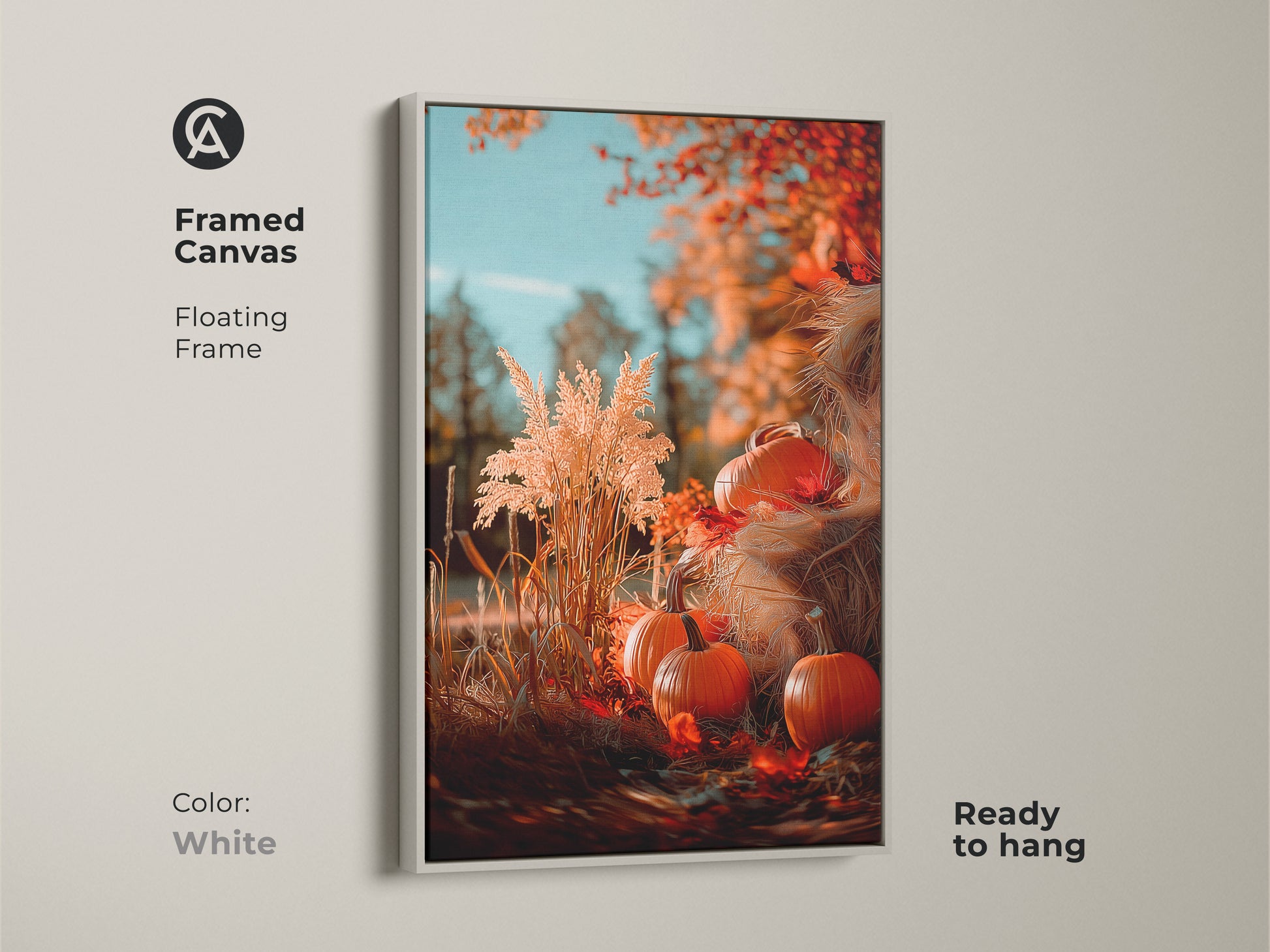 Elevate your space with this framed canvas pumpkin art in white. This autumn artwork features pumpkins and fall foliage. A floating frame adds a touch of sophistication. It's ready to hang and enjoy this seasonal beauty.