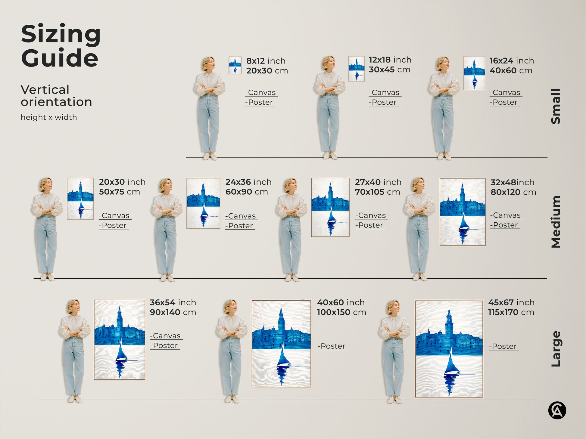 Sizing guide for minimalist sailboat canvas and poster prints. Vertical orientation options showcase height and width dimensions. The contemporary blue art is perfect for any space in your home.