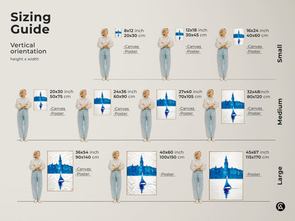 Sizing guide for minimalist sailboat canvas and poster prints. Vertical orientation options showcase height and width dimensions. The contemporary blue art is perfect for any space in your home.