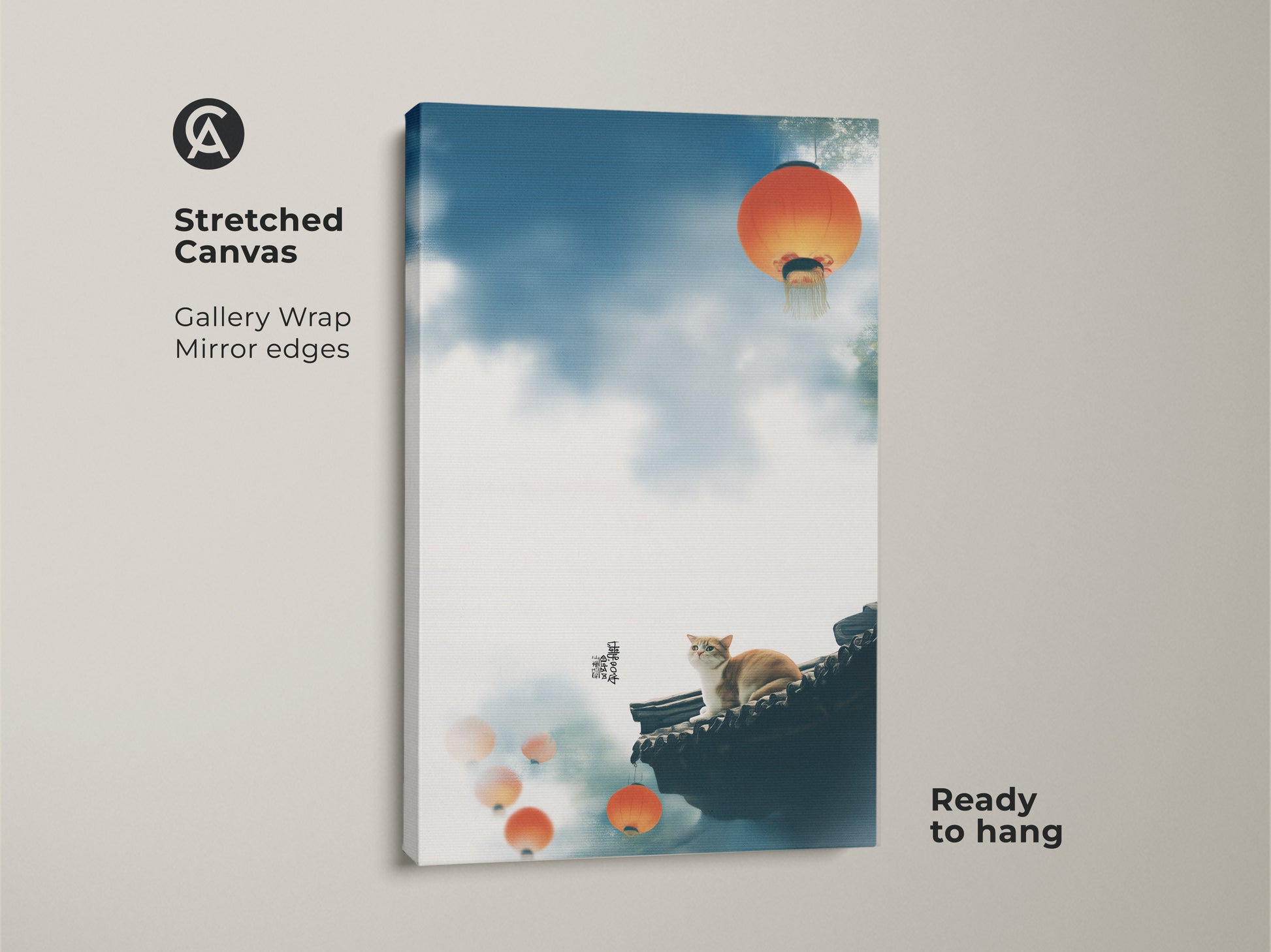 This stretched canvas art features a cat on a roof. This gallery wrapped print has mirror edges. The traditional Asian cat art displays orange lanterns and a blue sky. It is ready to hang. The artwork is a great housewarming gift for cat lovers. Add an eclectic touch to your bedroom with this unique wall hanging.
