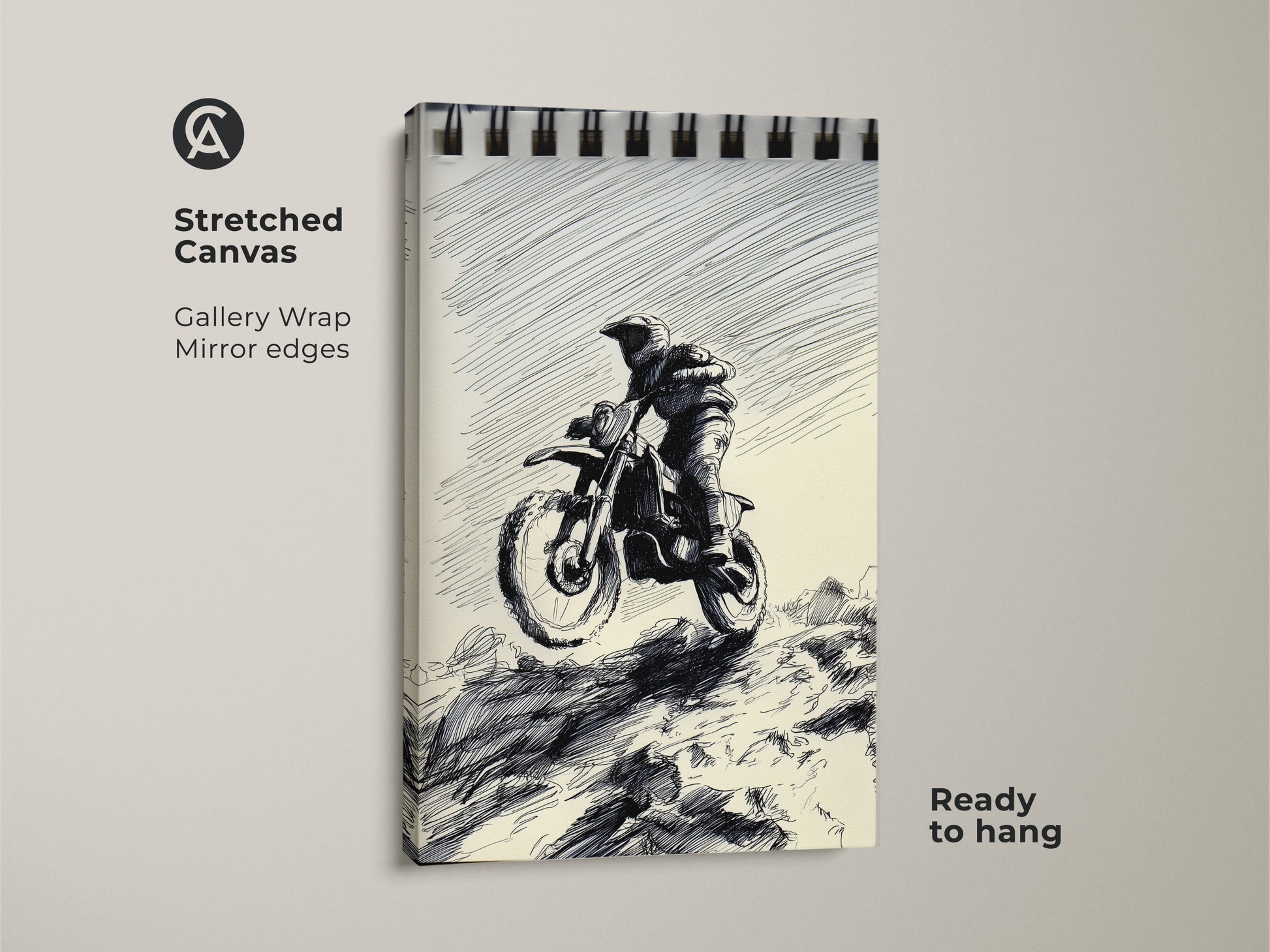 This stretched canvas features a Motocross Rider in dynamic Sketch Art. The Black and White ink drawing adds action to any space. Ready to hang with gallery wrapped mirrored edges makes it great garage decor. It's a great gift for action sports enthusiasts and motocross fans.