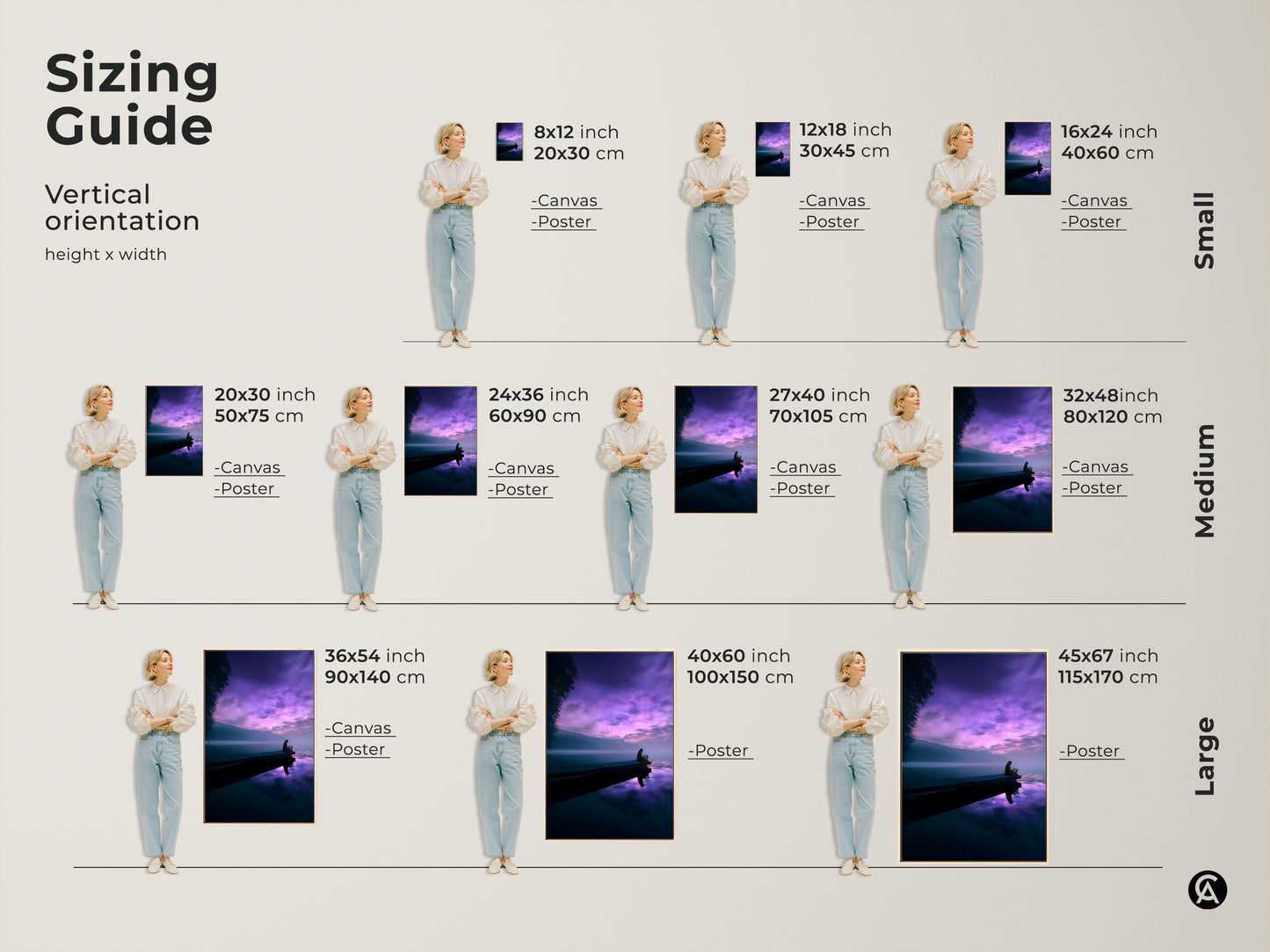 Sizing guide for dreamy purple lake canvas art and posters. Vertical orientations are available in small medium and large sizes. Find the perfect fit for your space with this surreal night sky wall decor. Ideal traveler housewarming gift.