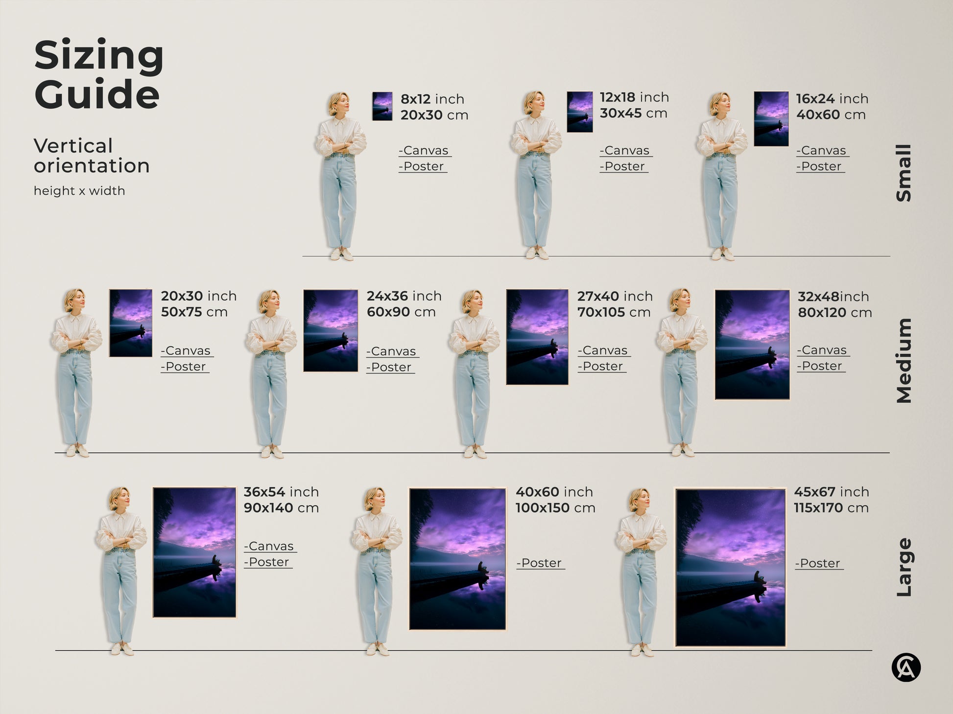 Sizing guide for dreamy purple lake canvas art and posters. Vertical orientations are available in small medium and large sizes. Find the perfect fit for your space with this surreal night sky wall decor. Ideal traveler housewarming gift.