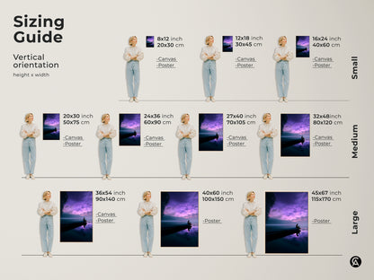 Sizing guide for dreamy purple lake canvas art and posters. Vertical orientations are available in small medium and large sizes. Find the perfect fit for your space with this surreal night sky wall decor. Ideal traveler housewarming gift.