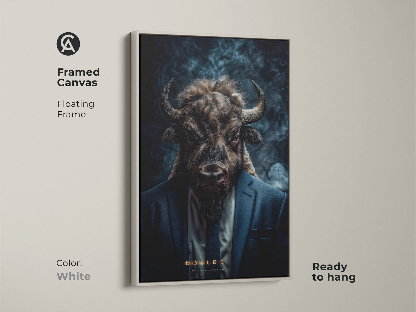 A framed canvas features a buffalo head on a man in a suit. The floating frame is white and ready to hang. This unique artwork adds character to any room.