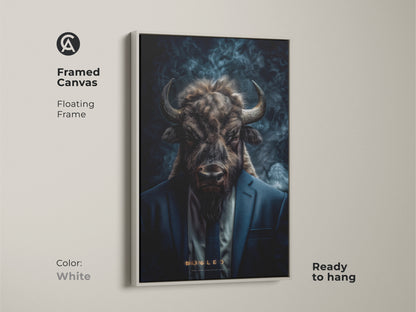 A framed canvas features a buffalo head on a man in a suit. The floating frame is white and ready to hang. This unique artwork adds character to any room.