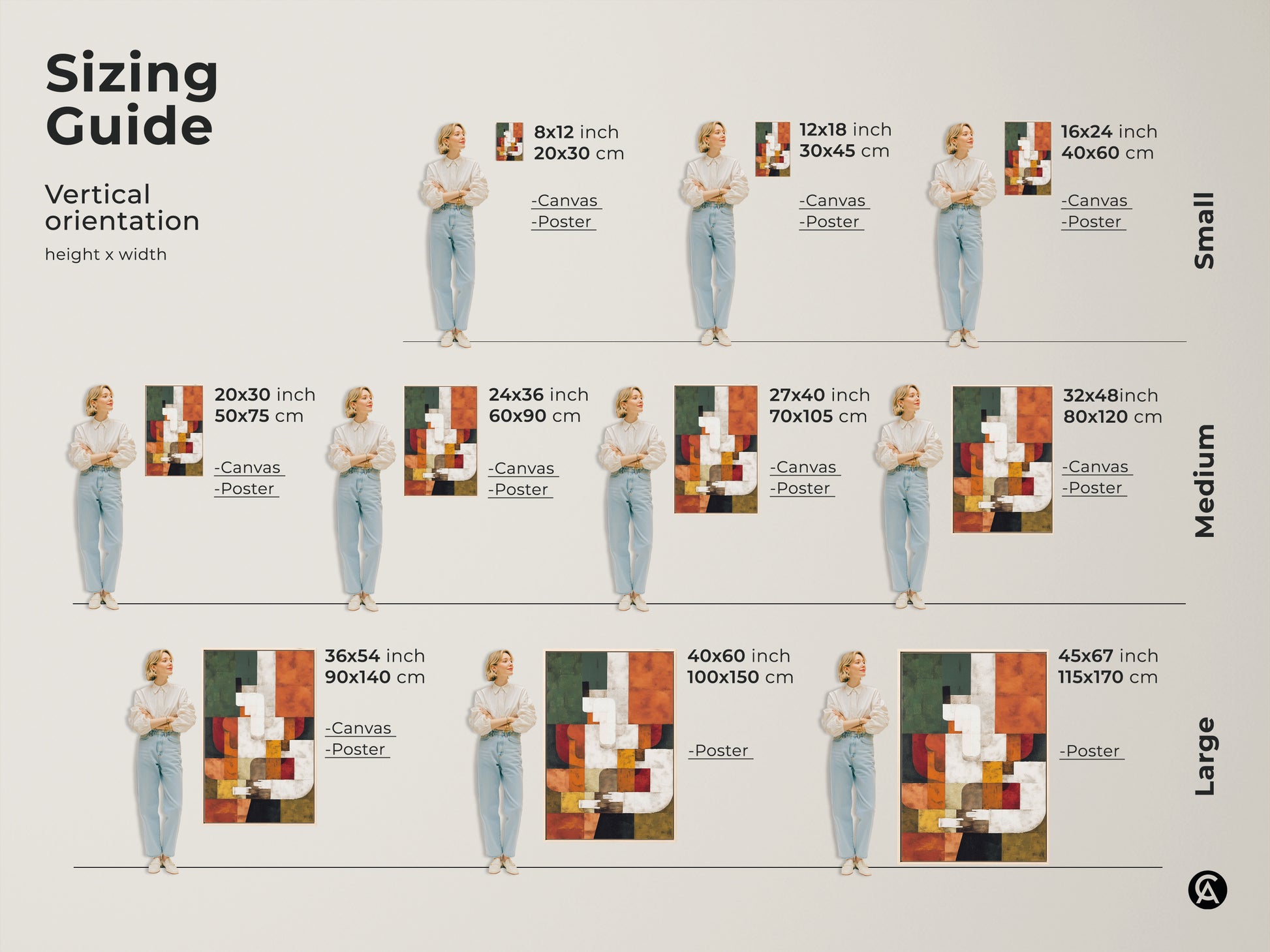 Sizing Guide for Vertical Abstract Art. Visualize different sizes from small to large. Options include canvas and poster prints to fit your space. Perfect for adding a touch of mid-century modern to your home office or living room.